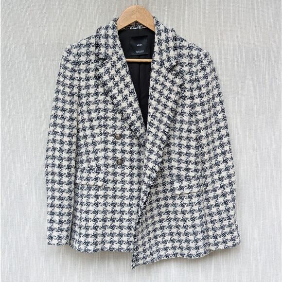 Mango MNG Black Buttons Cotton Tweed Houndstooth Double-breasted Blazer, size M - Picture 1 of 11